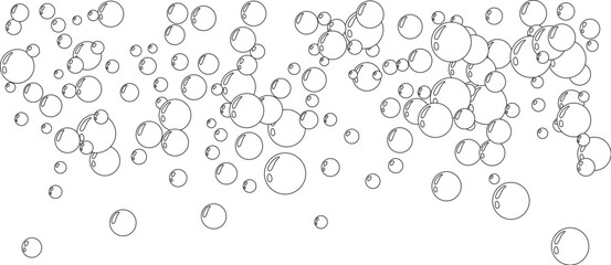 Underwater air bubbles  decoration elements. Fizzy water or soap foam texture. Vector isolated outline design element. Horizontal top border