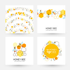 Honeycombs and bee. Design collection. Vector illustration