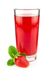 Glass of organic juice and fresh strawberry with green leaves, isolated on white background.