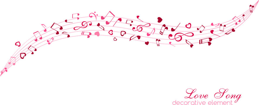 Notes and hearts on the horizontal lines. Love Music decoration element isolated on the white background.