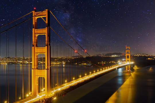 Golden Gate Bridge in San Francisco California under the Starry night sky