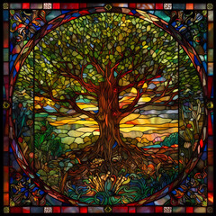 Tree Shadows at Sunset in Stained Glass. Generativ AI. 