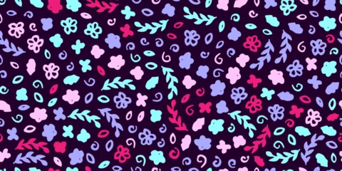 Fabric seamless illustration. Vector pattern with hand drawn elements. Gentle color flowers on the purple background