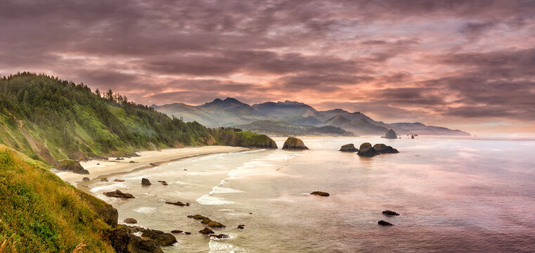 Crescent Beach and Cannon Beach view from Ecola State Park Panorama