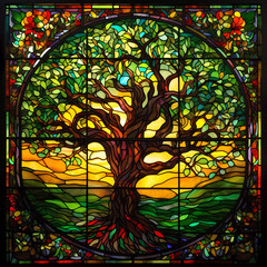 Sundown Tree Scene in Stained Glass. Generativ AI. 