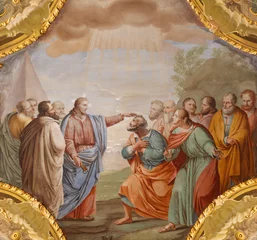 Foto op Canvas GENOVA, ITALY - MARCH 5, 2023: The fresco Jesus consigning the keys to Peter in the church Basilica di Santa Maria delle Vigne by Giuseppe Passano (1786 - 1849). © Renáta Sedmáková