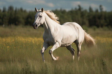a white horse running through tall grass with trees in the background and blue sky above it, taken from behind