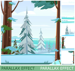 Winter landscape in pine forest. View of snowy fields. set of slides create parallax image layer. Cartoon style. Isolated on white background. Vector.