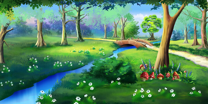 Fairy Tale Amanita Mushrooms in a Forest Glade in a Summer Day. Idyllic View of the Small Bridge Over the Creek. Digital painting background, Illustration in cartoon style character.
