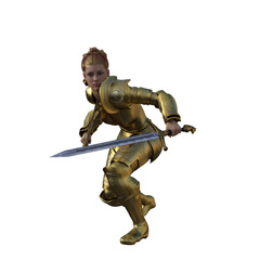 A lady with golden hair dressed in armor with two swords ready for battle
