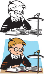 A vintage retro cartoon of a young boy reading a book under a desk lamp.