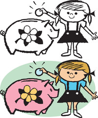 A vintage retro cartoon of a young girl putting a coin into a piggy bank. 