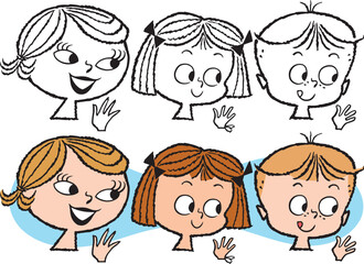 A vintage retro cartoon of the faces of a mother and her two children.