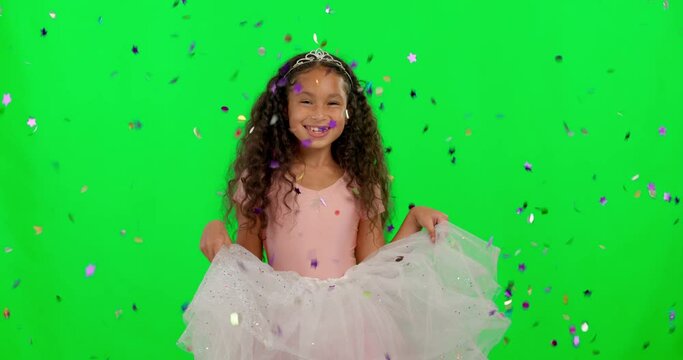 Girl child, face and tutu by green screen at party, celebration or birthday for young princess mockup with smile. Happy female kid, glitter or royal fantasy for play, game and confetti in portrait