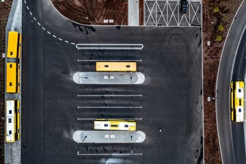 Aerial photo from a drone of the Interchange Center in Gliwice. Public transportation stop. Gliwice, Silesia, Poland.