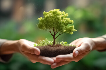 Close up image of hand holding big trees growing on soil over garden and green background. 