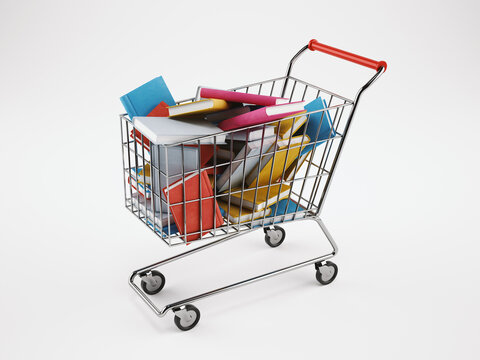 Shopping cart full of books. School, online orders concept. 3D Rendering