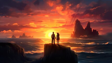Sunset Serenity: Romantic Couple Overlooking the Ocean made with Generative AI