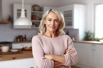 Obraz premium Proud mature woman posing in her kitchen clean-smiling mom standing in the kitchen-woman in the kitchen not cooking