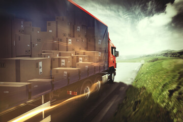 Truck on the road with load of boxes. 3D Rendering