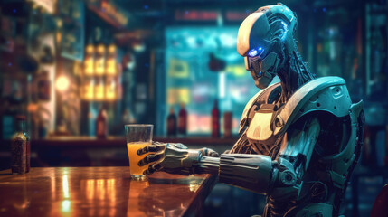 Fototapeta na wymiar Depressed Robot sitting at the Bar