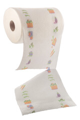 Large roll of white paper towels decorated with vegetable designs with tear sheet isolated