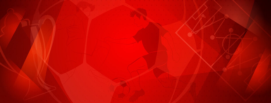Abstract soccer background with a football players kicking the ball and other sport symbols in red colors