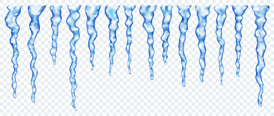 Set of realistic translucent icicles of different lengths in blue colors on transparent background. Transparency only in vector format - obrazy, fototapety, plakaty