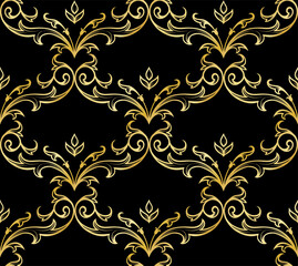 Abstract geometric floral seamless pattern. Gold and black ornament. Modern stylish texture repeating.