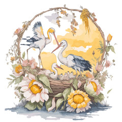 Watercolor pattern with sunflower bouquets, butterflies and  bird and tropical leaves