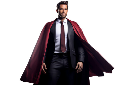 Businessman in a suit and tie wearing superhero cape isolated - Generative AI