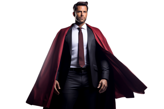 Businessman in a suit and tie wearing superhero cape isolated - Generative AI