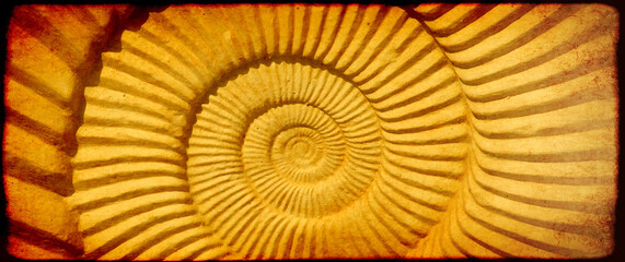 Grunge background with paper texture and ammonite shell. Copy space for your text © Designpics