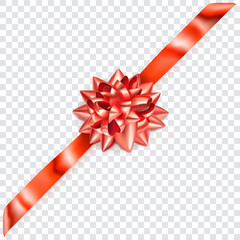 Beautiful red shiny bow with diagonally ribbon with shadow on transparent background