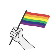 Hand holding lgbt rainbow flag. Cartoon arm doodle holding Pride symbol. Gender diversity representation.