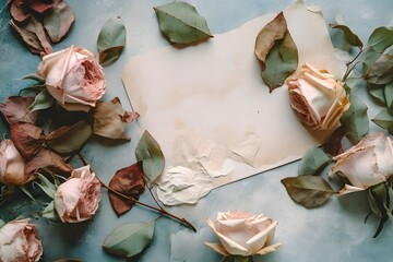 Flat lay of a few leafs and roses on vintage paper. Created with Generative AI Technology