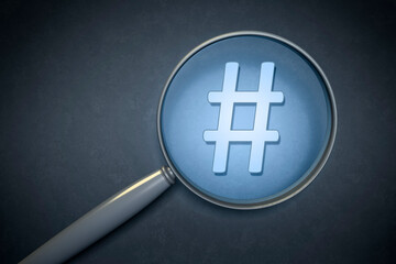Fototapeta premium 3d rendering of a magnifying glass hashtag sign