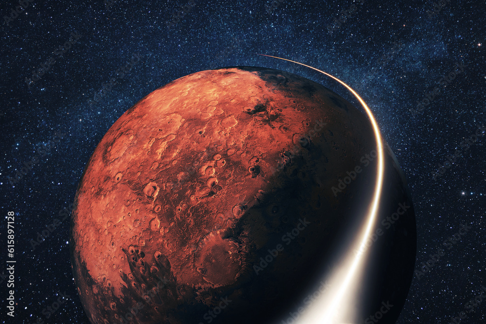 Poster space shuttle rocket flies with blasts and a light line around the red planet mars with stars. trave