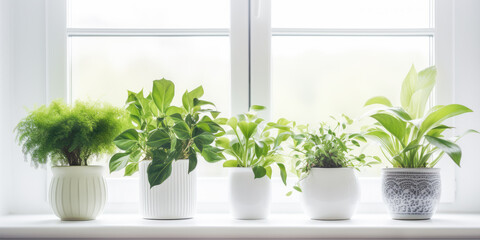 Different potted green plants on windowsill, white background. Generative AI. 