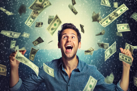 Winning a lottery concept. Smiling Caucasian man, with happy expression, mouth open in excitement - money banknotes flying in air around. Generative AI