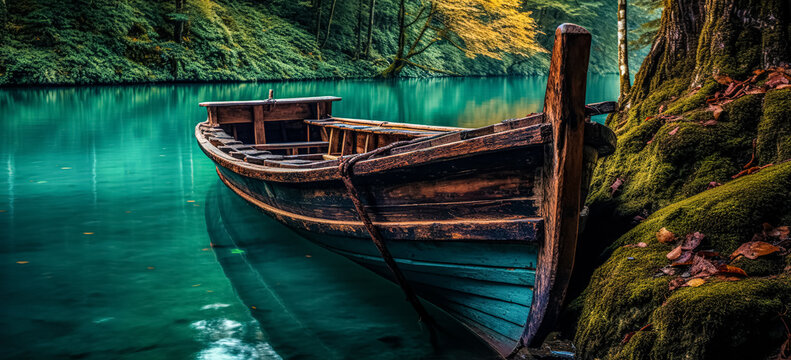 wooden boat on a mooring mountain lake. Wooden boat parked next to a old wooden dock with mountains on background. Reflection of the forest in the green water. digital ai	