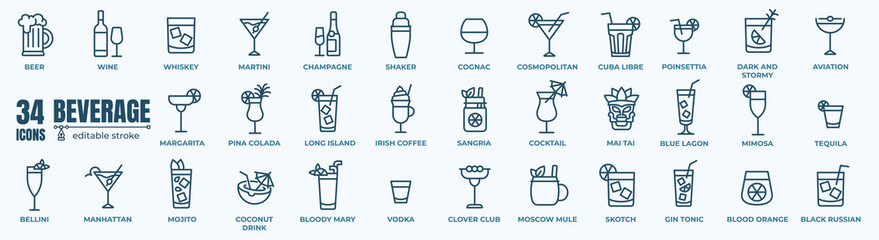Alcoholic cocktails icons set. Simple outline cocktails icons isolated on white background. Set includes beer, mojito, whiskey. Icons set for restaurant, pub, bar. Vector illustration