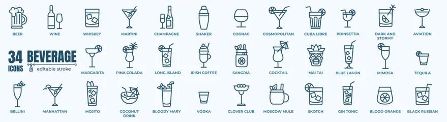 Foto op Plexiglas Alcoholic cocktails icons set. Simple outline cocktails icons isolated on white background. Set includes beer, mojito, whiskey. Icons set for restaurant, pub, bar. Vector illustration © stockgood