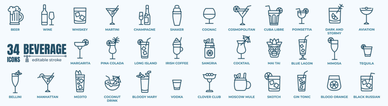 Alcoholic cocktails icons set. Simple outline cocktails icons isolated on white background. Set includes beer, mojito, whiskey. Icons set for restaurant, pub, bar. Vector illustration