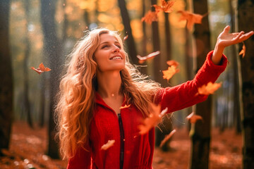 Attractive woman throwing autumn leaves at each other in a forest