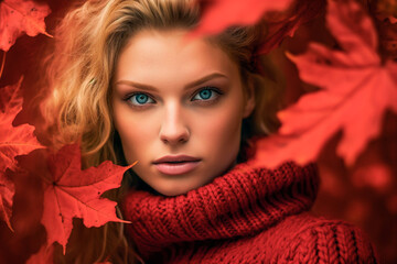 Portrait of a beautiful woman in a red sweater on an autumn background