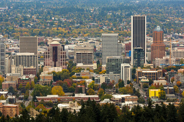 Portland Oregon city downtown buildings skyline in fall season color