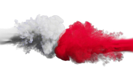 Puffs of white and red smoke collide against a white background. 3d illustration. 