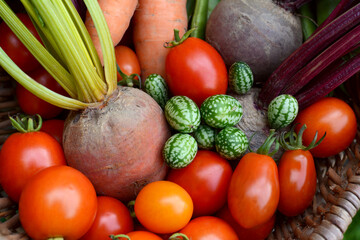 Close-up of fresh red tomatoes, rainbow beetroot, Mexican sour gherkins and carrots in a woven basket