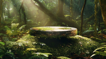 Mossy green empty podium for product exhibition generative ai